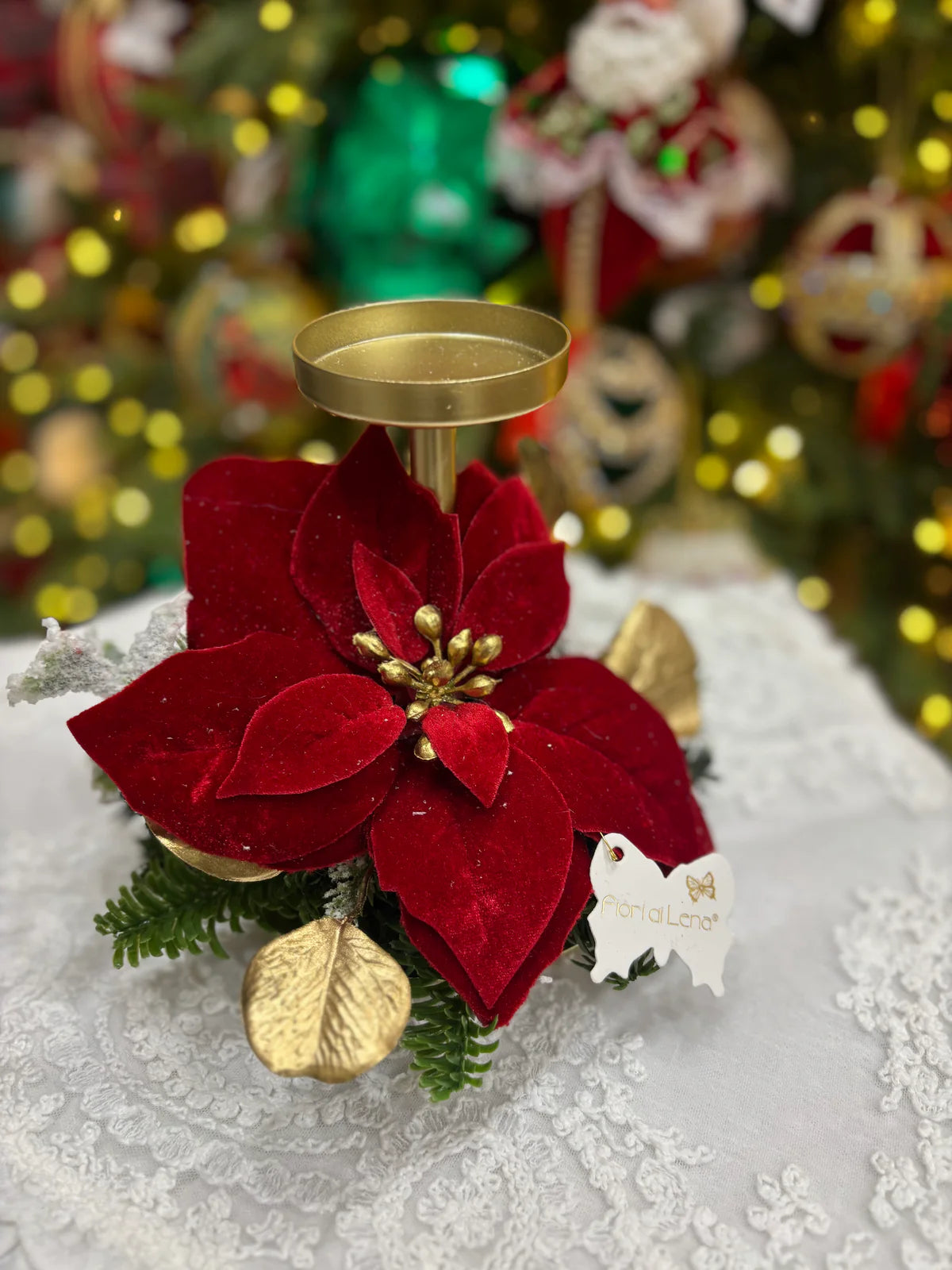 Candeliere 1 fiamma con decorazione poinsetta 17cm - Fiori di Lena