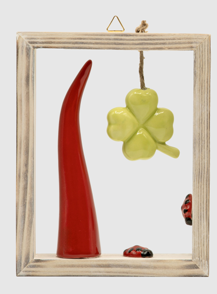 Quadretto corno e quadrifoglio 15x19cm - Spago di terra